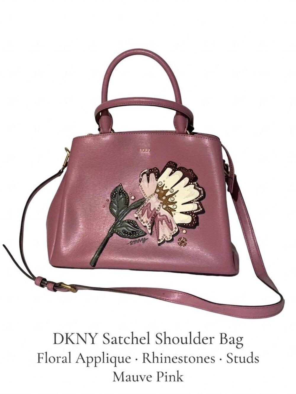 DKNY Floral Applique Satchel Bag Pink Rose Rhinestone Stud Crossbody